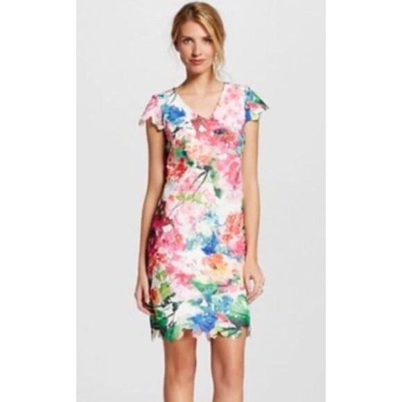 Donna Ricco Pink Multi Floral Dress Sz 4 Side Zipper Cut Out Sheath Women Whimsy - Picture 6 of 9